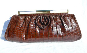  1940's-50's Large 16.5" Chocolate Brown Alligator Skin Clutch Bag w/Lucite & Brass Top Clasp 