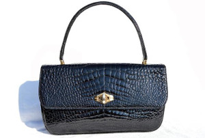  1980's JET BLACK CROCODILE Belly Skin Handbag - ITALY 