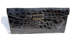  NOS 14.5" Jet BLACK 1940's DECO Style ALLIGATOR Skin Clutch Bag 