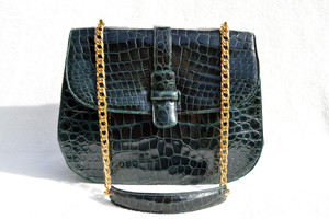  TEAL Green 1960's LUCILLE de PARIS Alligator Belly Skin SHOULDER Bag 