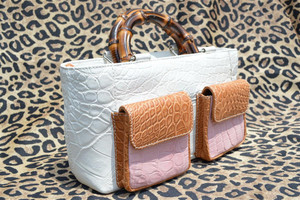 SUAREZ 1990's-2000's White, Pink & Tan Crocodile Skin Tote Bag Handbag 
