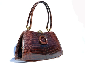  1950's-60's GOUT de PARIS Chocolate Brown Crocodile Belly Skin Handbag 