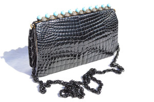  MILCH 1950's-60's Black CROCODILE POROSUS Evening Clutch Shoulder Bag 