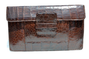 Large 13" 1940's-50's Brown CROCODILE Skin Clutch Bag - CALVET 
