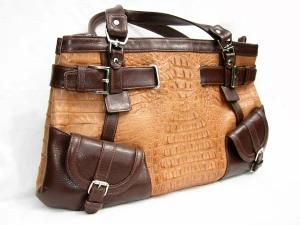  19 x 10 Tan & Brown 1990's Hornback CROCODILE & Leather SHOULDER Bag 
