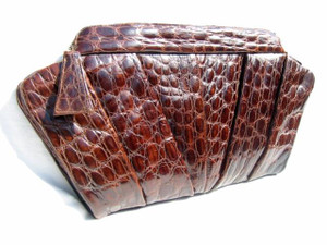  Large 17" 1940's-50's Chocolate DECO Style ALLIGATOR Skin CLUTCH 