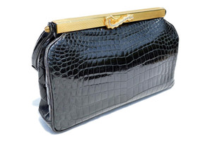  SAKS France 1950's-60's Black CROCODILE POROSUS Evening Bag 