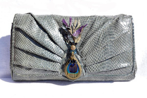  GRAY 1980's COBRA Snake Skin CLUTCH Shoulder Bag - Custom Embellished - Peacock 