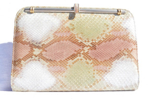  1970's-80's Pink Green & White PASTEL PYTHON Snake Skin Clutch SHOULDER Bag 