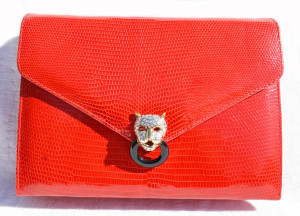  FRED HAYMAN 1990's RED Lizard Skin CLUTCH Shoulder Bag - Jeweled JAGUAR 