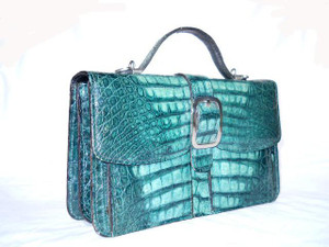  EMERALD GREEN 1980's-90's CROCODILE Bag w/Silver & Strap 