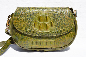  OLIVE GREEN  1990's-2000's HORNBACK Crocodile Skin CLUTCH Cross Body Shoulder Bag 