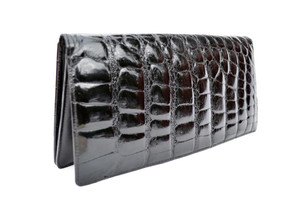  Sleek JET BLACK 1980's-1990's ALLIGATOR Belly Skin Clutch Bag 
