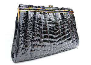  Gorgeous JET BLACK 1980's-1990's ALLIGATOR Belly Skin Clutch Shoulder Bag - BALLY 