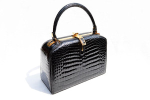  Extremely RARE 1950's-60's Jet Black LOUISE FONTAINE Crocodile POROSUS Bag 