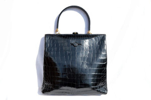  KORET 1950's-60's Jet Black ALLIGATOR Belly Skin Handbag 