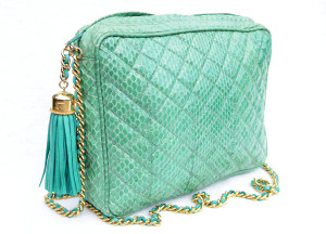  SEA FOAM Green Chanel-Style 1980's-90's Quilted Snake Skin TOTE Shoulder Bag - Mr. Jay 