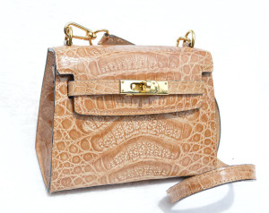  Butterscotch Tan 1990's-2000's HELENE Petite Birkin Style Crocodile Skin Shoulder Bag 