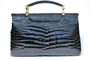  XL 15 x 10 JET BLACK 1980's ALLIGATOR Belly Skin Handbag - COMTESSE! 