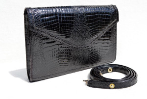  JET BLACK 1980's-1990's Double CROCODILE Belly Skin Clutch Shoulder Bag - KAIYO 