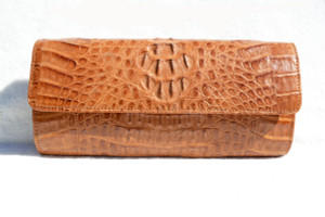 TAN 1990's-2000's HORNBACK Crocodile Skin CLUTCH Cross Body Shoulder Bag - EILEEN KRAMER