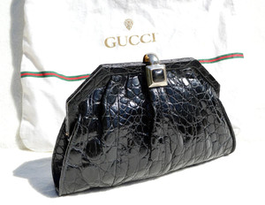  GUCCI 1980's-90's Jet Black ALLIGATOR Skin Clutch SHOULDER Bag 