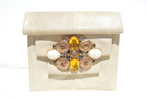  Jeweled PALE OLIVE 1980's-90's Karung SNAKE Skin Clutch Shoulder Cross Body Bag - SUSAN GAIL 
