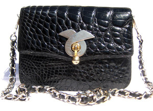  1980's-90's Jet Black ALLIGATOR Belly Skin Shoulder CROSS BODY Bag 