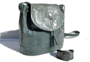  New! 1970's Green SNAKE & FROG SKIN Satchel Shoulder Bag with Matching Snake Skin Cuff 