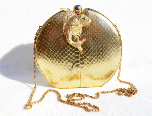  1980's Metallic Gold Cobra Snake Skin CLUTCH Shoulder Bag - FISH! 