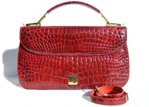  Cranberry RED 1960's ALLIGATOR Belly Skin Handbag Clutch Shoulder Bag 