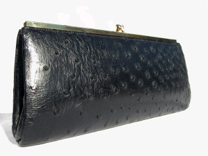  Jet Black 1950's-60's Ostrich Skin Clutch Purse - CORBEAU CURIO 