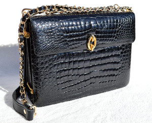  Jet BLACK GIOTTI 1990's ALLIGATOR Belly Skin Chanel Style Shoulder CROSS BODY Bag - ITALY! 