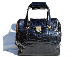  XL 1960's Jet Black Alligator Belly Skin Handbag Bowler - JOHN F. - Italy 