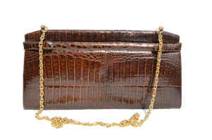  1980's Chocolate Brown Crocodile Belly Skin Clutch Shoulder Bag 