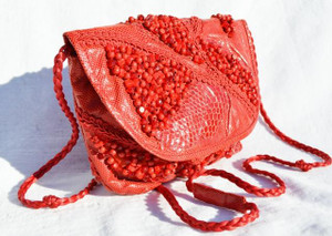  1980's-90's GRACE ANN AGOSTINO RED Beaded Cobra & Karung Snake Skin Clutch Shoulder Evening Bag 