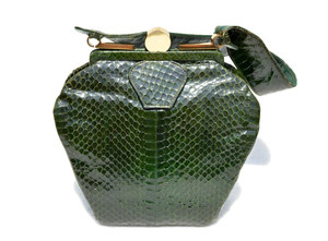  GREEN 1940's-50's Deco Style COBRA Snake Skin Handbag by LEADOL 