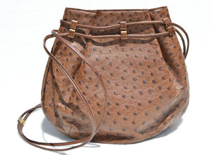  Light Brown 1980's-1990's OSTRICH Skin Drawstring Shoulder Bag Tote - JOHANN KNECHTL 