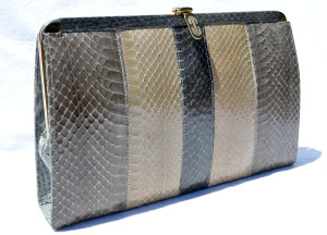  Gray and Tan 1980's-90's Cobra Snake Skin Clutch Shoulder Bag - ENGLAND 