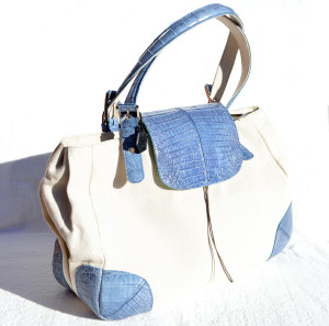  XXL 17 x 10 2000's Blue CROCODILE Skin & Canvas LINEN Handbag SHOULDER Bag 