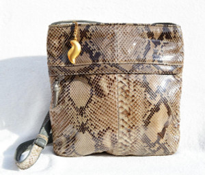  Taupe 1970's-80's PYTHON Snake Skin CROSS Body Messenger Shoulder Bag -SHARIF 
