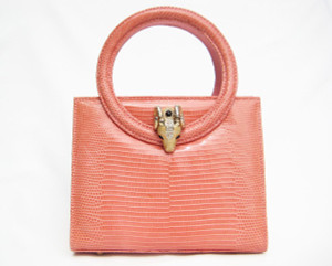  Early 2000's PINK Lizard Skin Handbag - Double ROUND Handles - Enamel RAM 