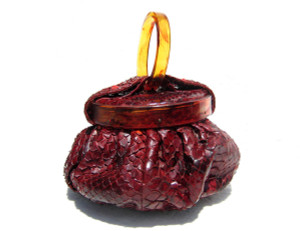  1940's RED Python Snake Skin Wristlet Handbag w/LUCITE Frame & Handle - 