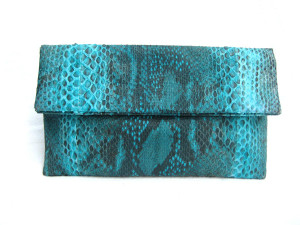  Early 2000's Bright TURQUOISE Matte PYTHON Snake Skin Fold Over CLUTCH Bag 