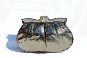  Jeweled METALLIC BRONZE 1980's-90's COBRA Snake Skin CLUTCH Shoulder Bag 