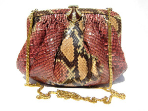  1990's Rose, Green & Tan PYTHON Snake Skin Shoulder CROSS BODY Evening Bag 