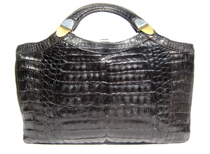  Ample 14" 1970's-80's Jet Black CROCODILE Skin Handbag Clutch Bag 