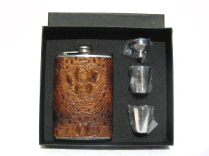  Custom Whiskey Brown HORNBACK Alligator Skin 8 Oz. Stainless Hip FLASK Set - NEW! 