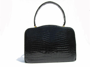  CHIC 1950's-60's Jet Black CROCODILE Porosus Skin Handbag 