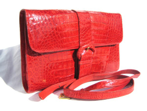  BALLY Early 2000's Candy Apple RED CROCODILE Belly Skin Clutch Shoulder Bag - Buckle! 